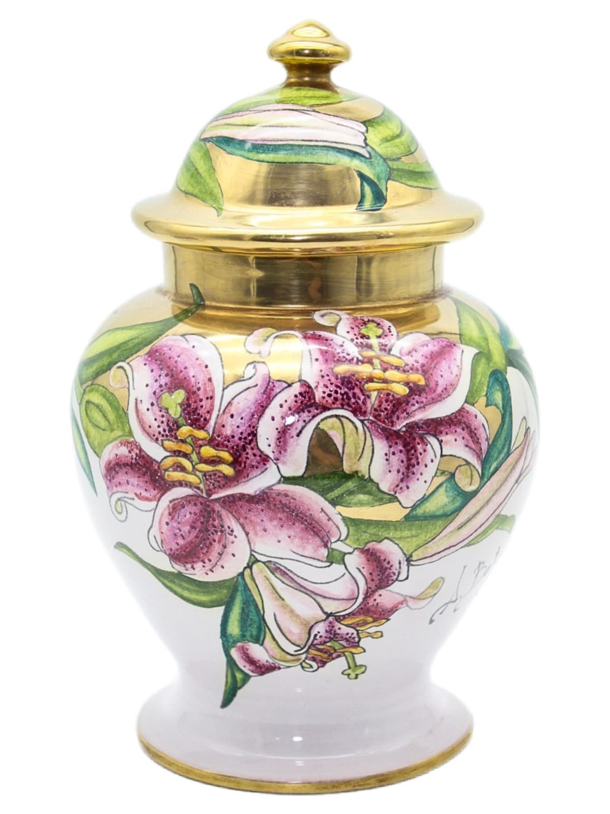 A. Batignani Hand Painted Italy Floral Gold Gilt Porcelain Lidded Urn Vase - Image 1