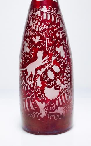 Antique Hand Crafted Bohemian Cranberry Cut to Clear Glass Czech Tall Decanter - Thumbnail 5