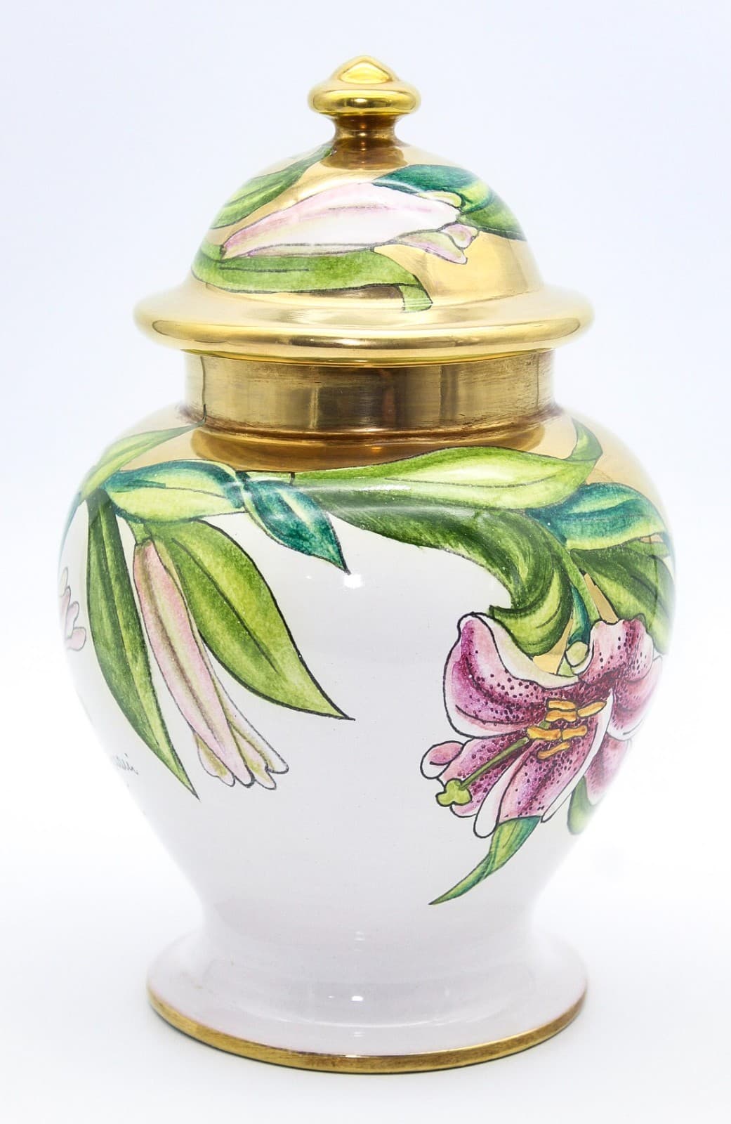A. Batignani Hand Painted Italy Floral Gold Gilt Porcelain Lidded Urn Vase - Thumbnail 3