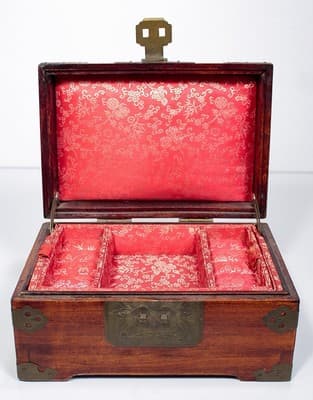 Vintage Jade Inlay Etched Brass Wooden Chinese Jewelry Box - Thumbnail 11