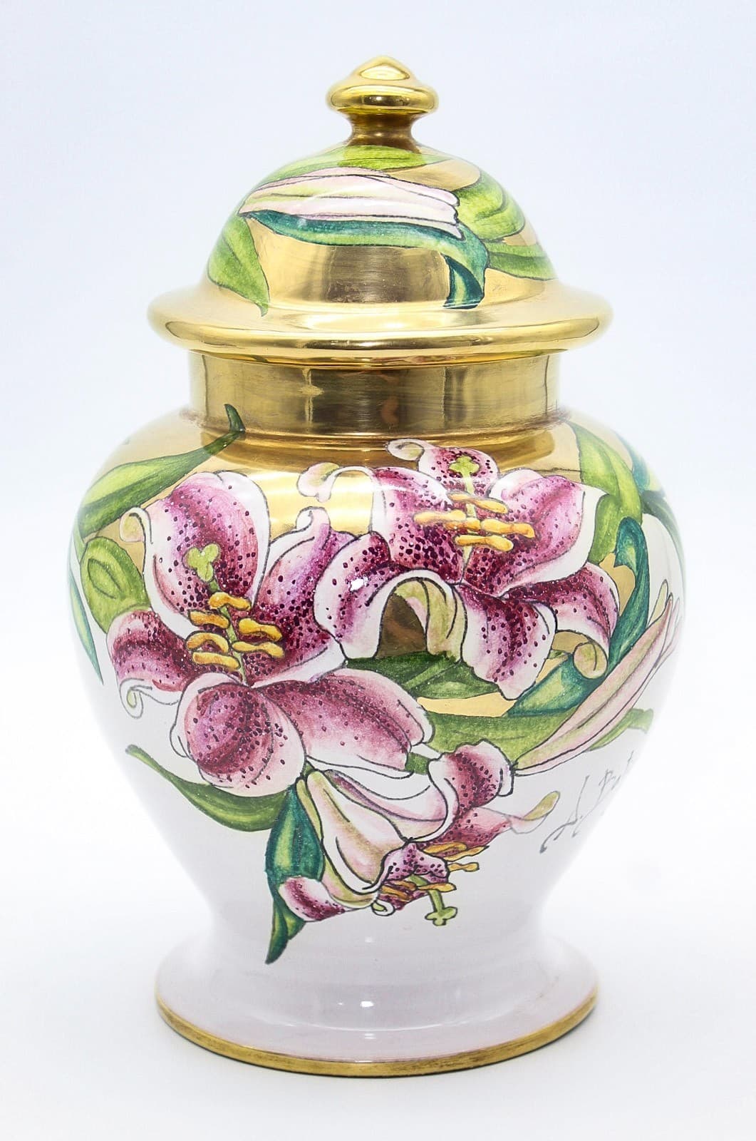 A. Batignani Hand Painted Italy Floral Gold Gilt Porcelain Lidded Urn Vase - Thumbnail 11