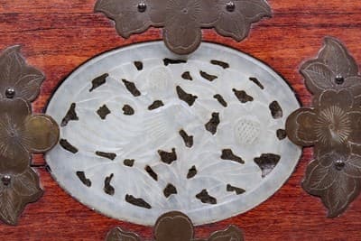 Vintage Jade Inlay Etched Brass Wooden Chinese Jewelry Box - Thumbnail 4