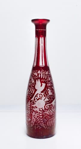 Antique Hand Crafted Bohemian Cranberry Cut to Clear Glass Czech Tall Decanter - Thumbnail 7