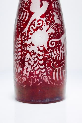 Antique Hand Crafted Bohemian Cranberry Cut to Clear Glass Czech Tall Decanter - Thumbnail 2