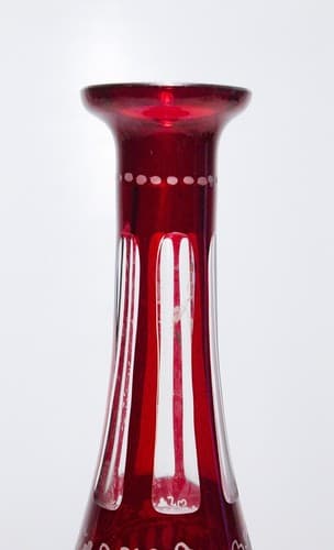 Antique Hand Crafted Bohemian Cranberry Cut to Clear Glass Czech Tall Decanter - Thumbnail 4