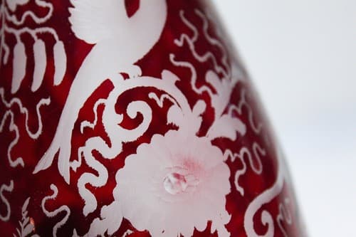 Antique Hand Crafted Bohemian Cranberry Cut to Clear Glass Czech Tall Decanter - Thumbnail 8