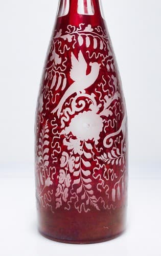 Antique Hand Crafted Bohemian Cranberry Cut to Clear Glass Czech Tall Decanter - Thumbnail 6