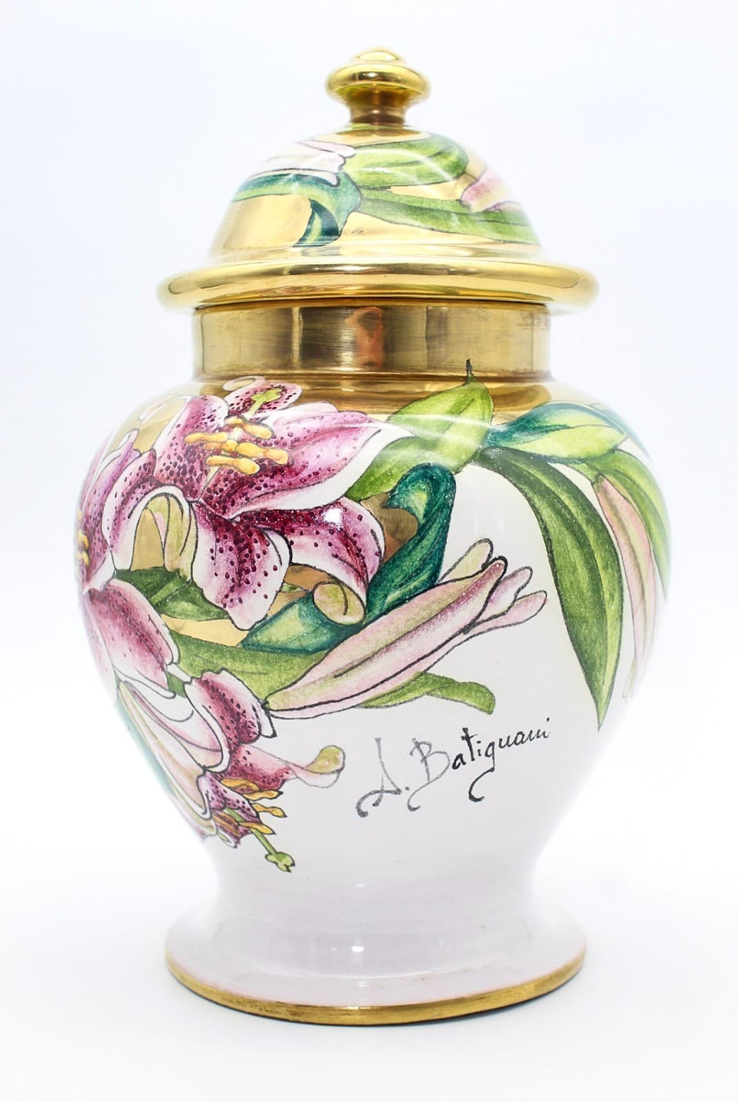 A. Batignani Hand Painted Italy Floral Gold Gilt Porcelain Lidded Urn Vase - Thumbnail 2