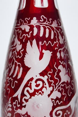 Antique Hand Crafted Bohemian Cranberry Cut to Clear Glass Czech Tall Decanter - Thumbnail 3