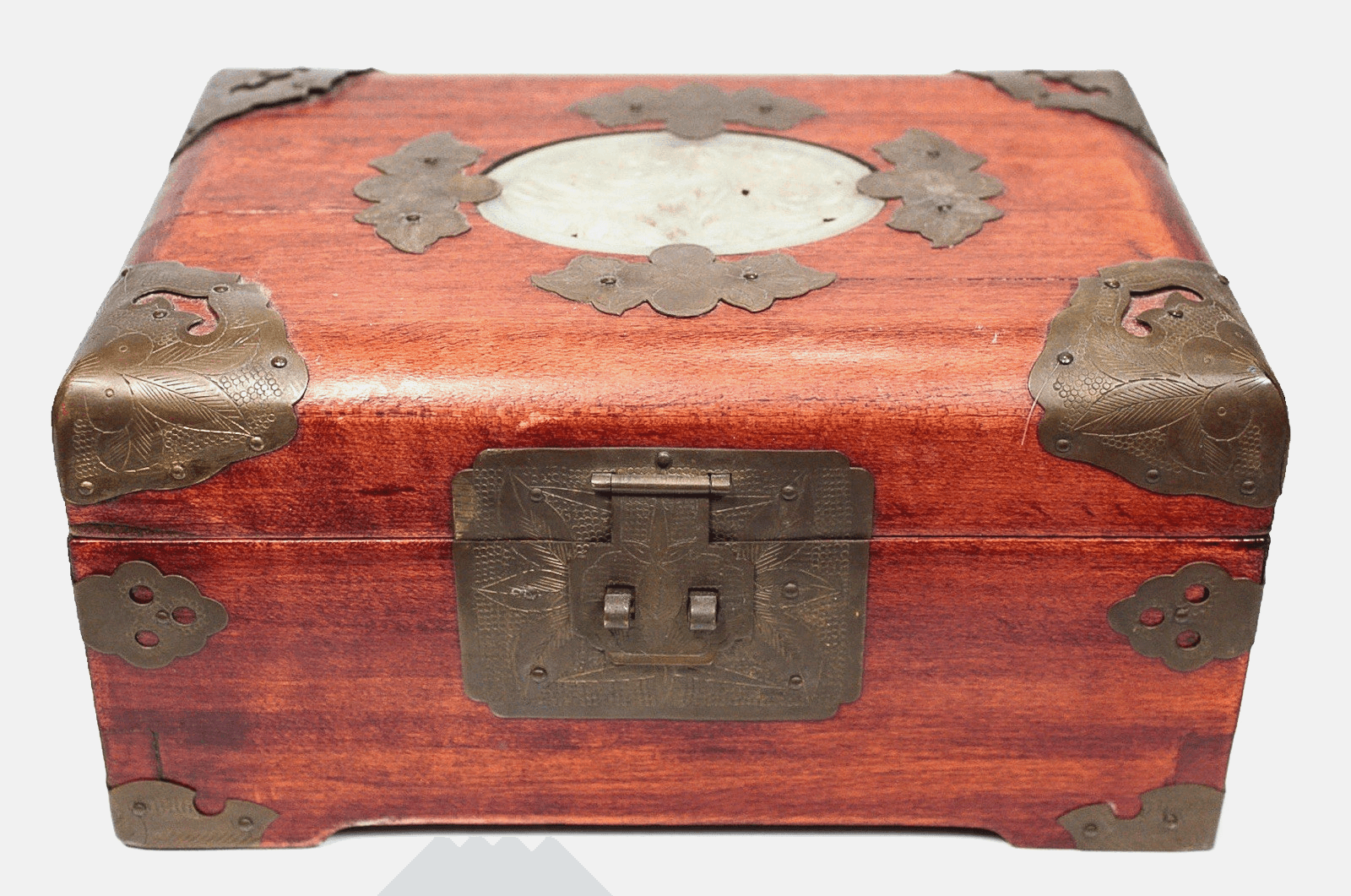 Vintage Jade Inlay Etched Brass Wooden Chinese Jewelry Box - Image 1