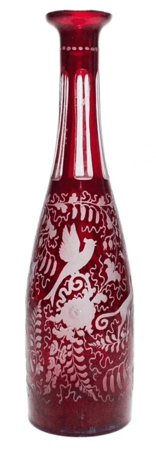 Antique Hand Crafted Bohemian Cranberry Cut to Clear Glass Czech Tall Decanter - Image 1