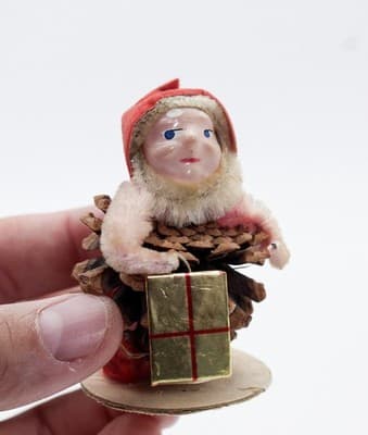 Vtg Japan Pinecone Pixie Elf Gnome Hand Painted Chinelle Christmas Ornament - Thumbnail 2