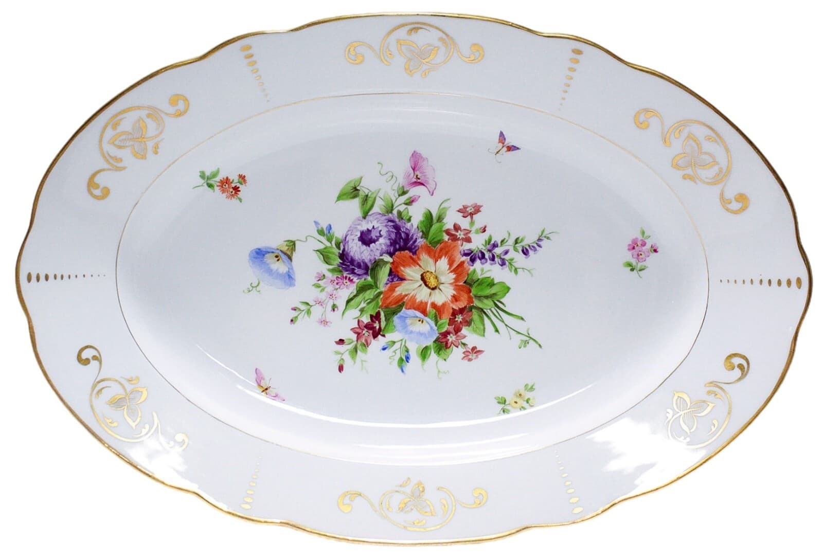 Antique Made In Germany Hand Painted Floral Motif Gol Gilt Porcelain Oval Tray - Image 1