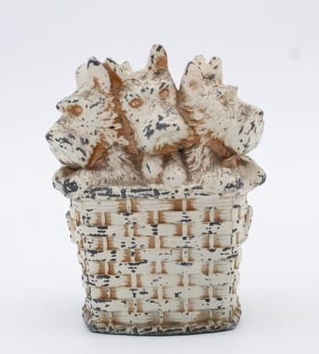 Vintage Scottish Terrier Dogs In A Weaved Basket White Metal Cold Painted Bank - Thumbnail 2