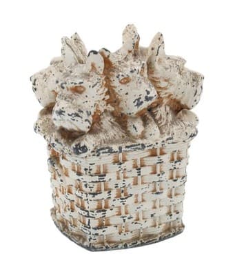 Vintage Scottish Terrier Dogs In A Weaved Basket White Metal Cold Painted Bank - Image 1