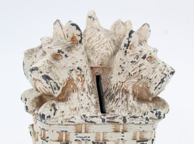 Vintage Scottish Terrier Dogs In A Weaved Basket White Metal Cold Painted Bank - Thumbnail 6