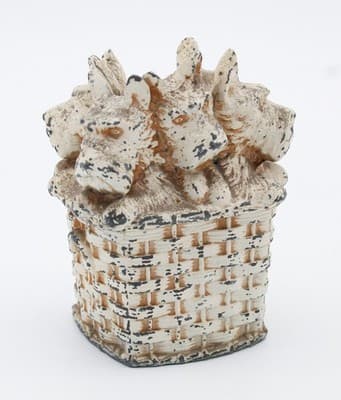 Vintage Scottish Terrier Dogs In A Weaved Basket White Metal Cold Painted Bank - Thumbnail 8