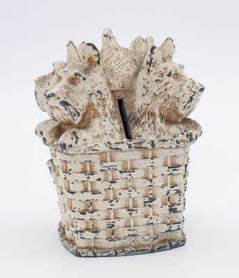 Vintage Scottish Terrier Dogs In A Weaved Basket White Metal Cold Painted Bank - Thumbnail 5