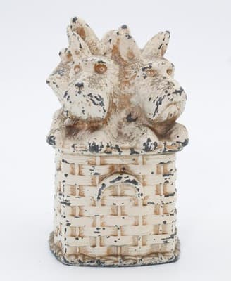 Vintage Scottish Terrier Dogs In A Weaved Basket White Metal Cold Painted Bank - Thumbnail 4