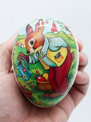 Echt Erzgebirge Germany Paper Mache Easter Bunny Scene Egg Candy Container - Thumbnail 2