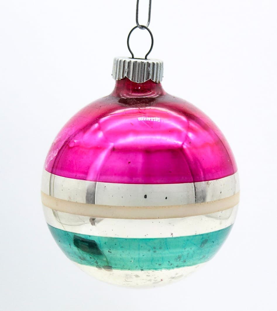 Shiny Brite Vintage Striped Stencil Pink Green Silver Glass Christmas Ornament - Thumbnail 6