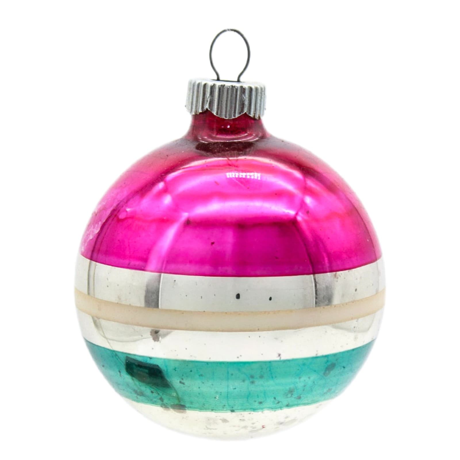 Shiny Brite Vintage Striped Stencil Pink Green Silver Glass Christmas Ornament - Image 1
