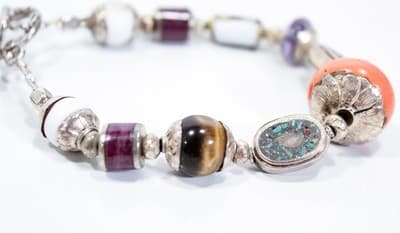 Sterling Silver Multi Gemstone Amethyst Coral Tiger Eye Beaded Toggle Bracelet - Thumbnail 4