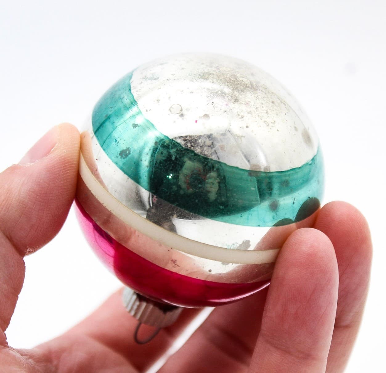 Shiny Brite Vintage Striped Stencil Pink Green Silver Glass Christmas Ornament - Thumbnail 3