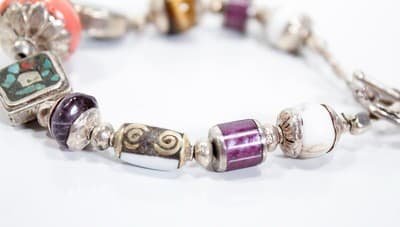Sterling Silver Multi Gemstone Amethyst Coral Tiger Eye Beaded Toggle Bracelet - Thumbnail 5