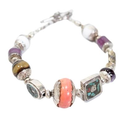 Sterling Silver Multi Gemstone Amethyst Coral Tiger Eye Beaded Toggle Bracelet - Image 1