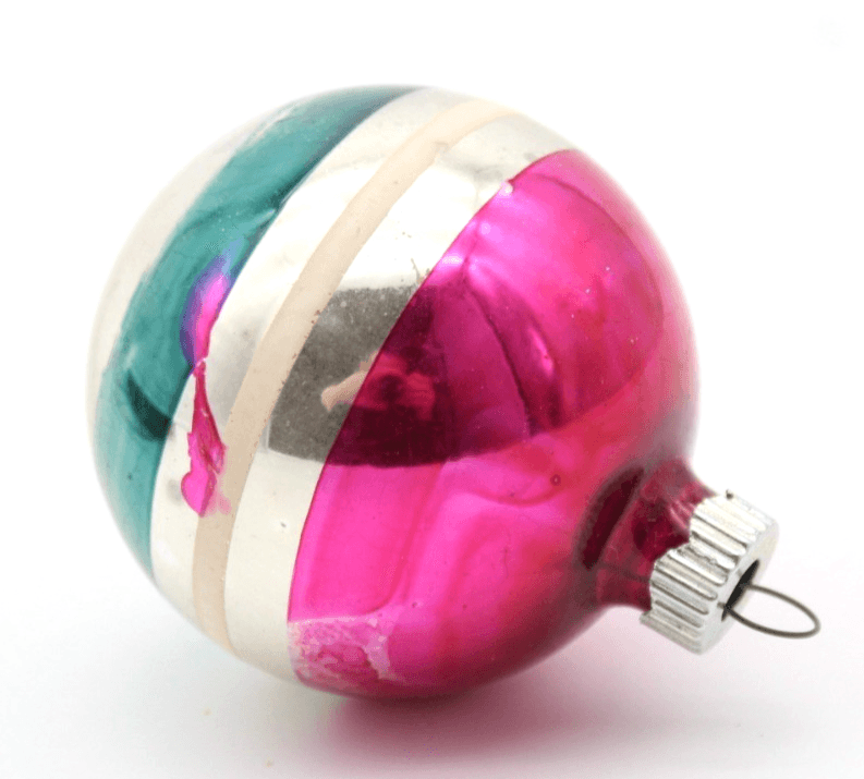 Shiny Brite Vintage Striped Stencil Pink Green Silver Glass Christmas Ornament - Thumbnail 2