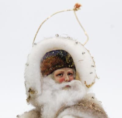 Chenille Vintage Paper Face Santa Christmas Ornament Spun Cotton Jeweled Coat - Thumbnail 6