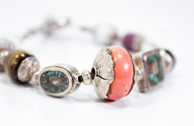 Sterling Silver Multi Gemstone Amethyst Coral Tiger Eye Beaded Toggle Bracelet - Thumbnail 3