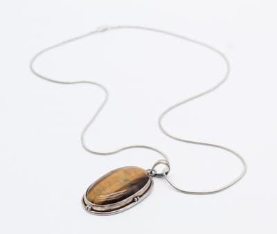 Vintage Sterling Silver Oval Natural Tiger Eye Pendant Necklace - Thumbnail 5