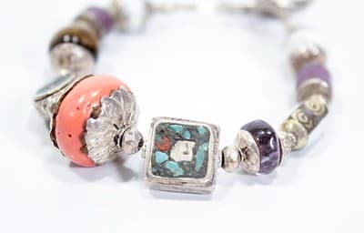 Sterling Silver Multi Gemstone Amethyst Coral Tiger Eye Beaded Toggle Bracelet - Thumbnail 2