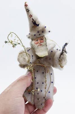Vtg Chenille Paper Face Wizard Santa Christmas Ornament w/ Jeweled Coat &Glitter - Thumbnail 2