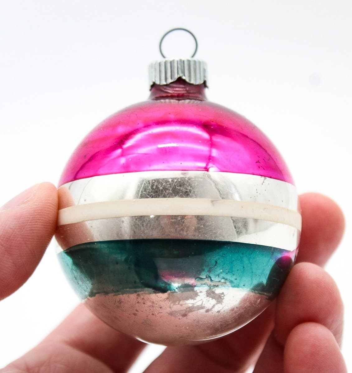 Shiny Brite Vintage Striped Stencil Pink Green Silver Glass Christmas Ornament - Thumbnail 5