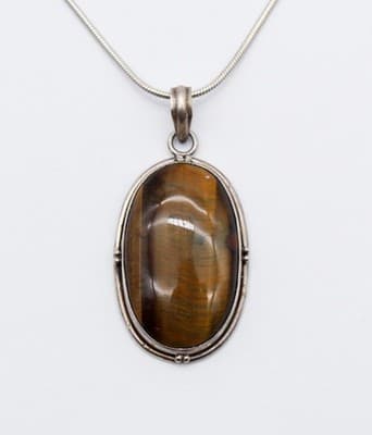 Vintage Sterling Silver Oval Natural Tiger Eye Pendant Necklace - Thumbnail 8