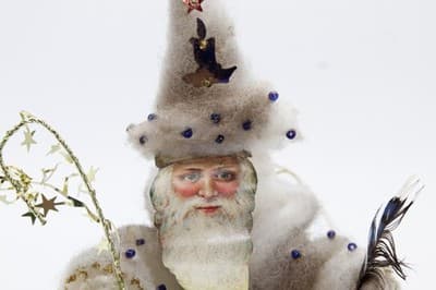 Vtg Chenille Paper Face Wizard Santa Christmas Ornament w/ Jeweled Coat &Glitter - Thumbnail 7