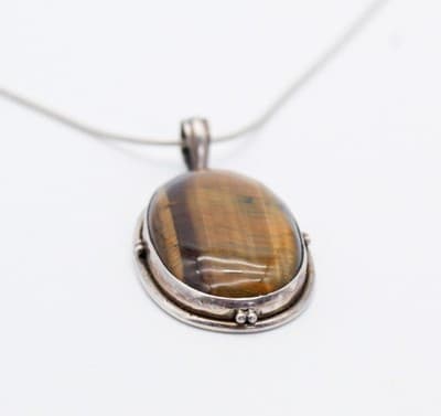 Vintage Sterling Silver Oval Natural Tiger Eye Pendant Necklace - Thumbnail 6