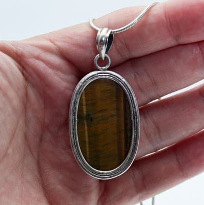 Vintage Sterling Silver Oval Natural Tiger Eye Pendant Necklace - Thumbnail 3
