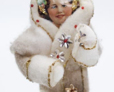 Vtg Chenille Paper Face Snow Girl Christmas Ornament w/ Jeweled Coat & Glitter - Thumbnail 3