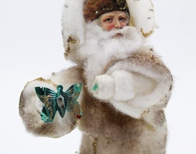 Chenille Vintage Paper Face Santa Christmas Ornament Spun Cotton Jeweled Coat - Thumbnail 5