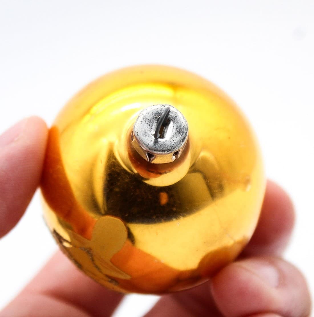 Vintage Hand Painted Poland Gold Glass Mica Christmas Tree Motif Ornament 2" - Thumbnail 4