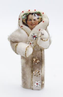 Vtg Chenille Paper Face Snow Girl Christmas Ornament w/ Jeweled Coat & Glitter - Thumbnail 7