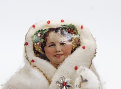 Vtg Chenille Paper Face Snow Girl Christmas Ornament w/ Jeweled Coat & Glitter - Thumbnail 2