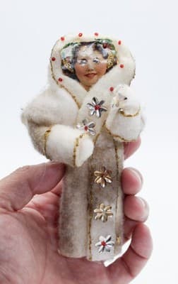 Vtg Chenille Paper Face Snow Girl Christmas Ornament w/ Jeweled Coat & Glitter - Thumbnail 6