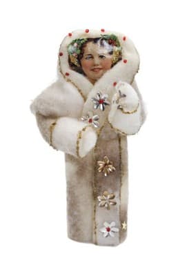 Vtg Chenille Paper Face Snow Girl Christmas Ornament w/ Jeweled Coat & Glitter - Image 1