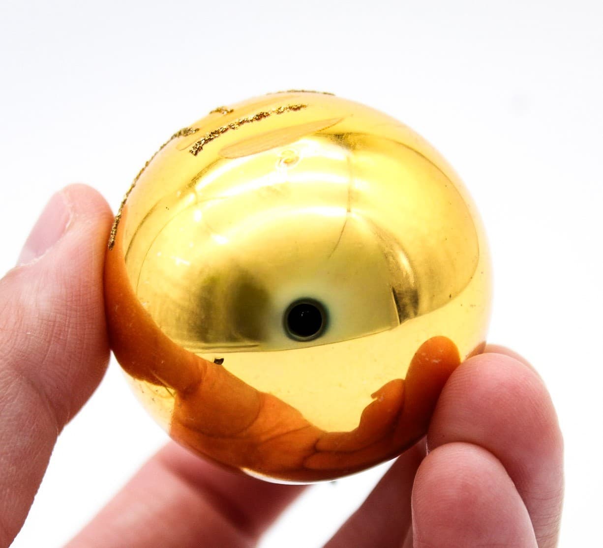 Vintage Hand Painted Poland Gold Glass Mica Christmas Tree Motif Ornament 2" - Thumbnail 3