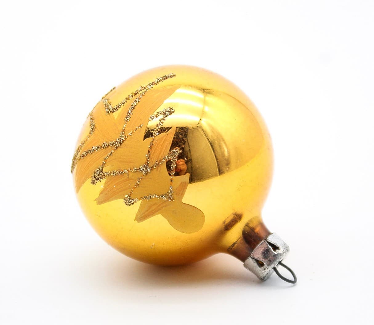 Vintage Hand Painted Poland Gold Glass Mica Christmas Tree Motif Ornament 2" - Thumbnail 2